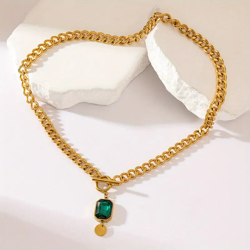 Solid chain emerald pendant necklace | Gold