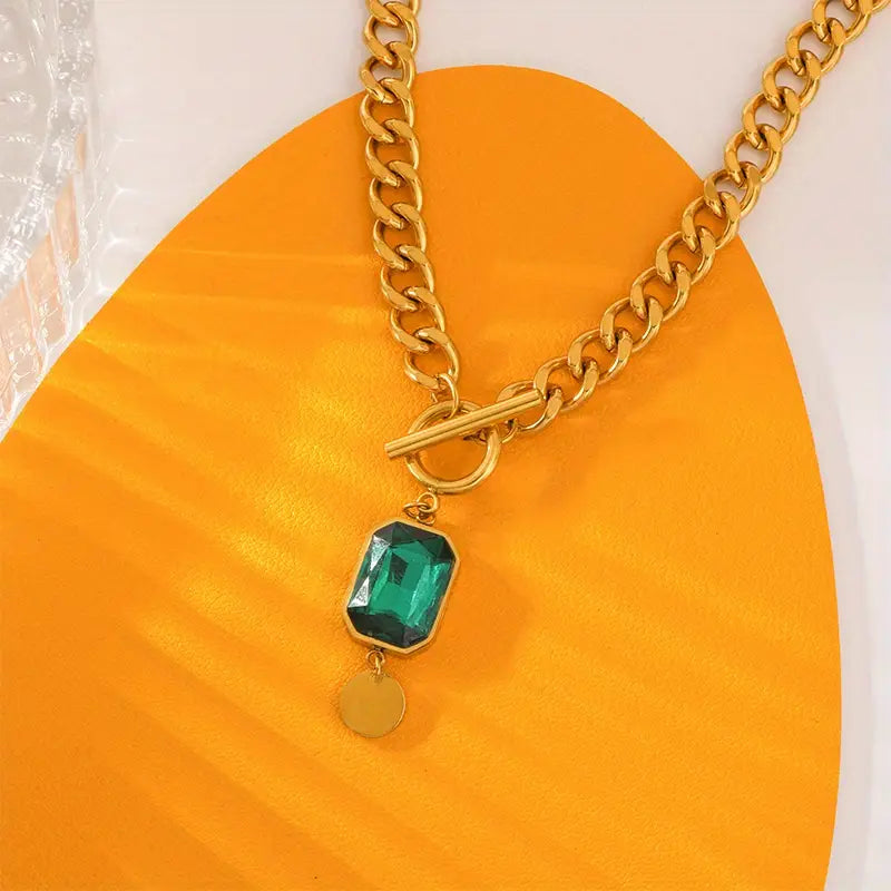 Solid chain emerald pendant necklace | Gold